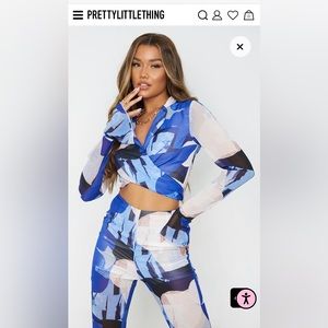 Cobalt Abstract Print Chiffon Tie Front Cropped Shirt